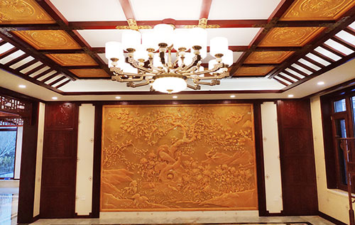 渝中中式别墅客厅中式木作横梁吊顶装饰展示